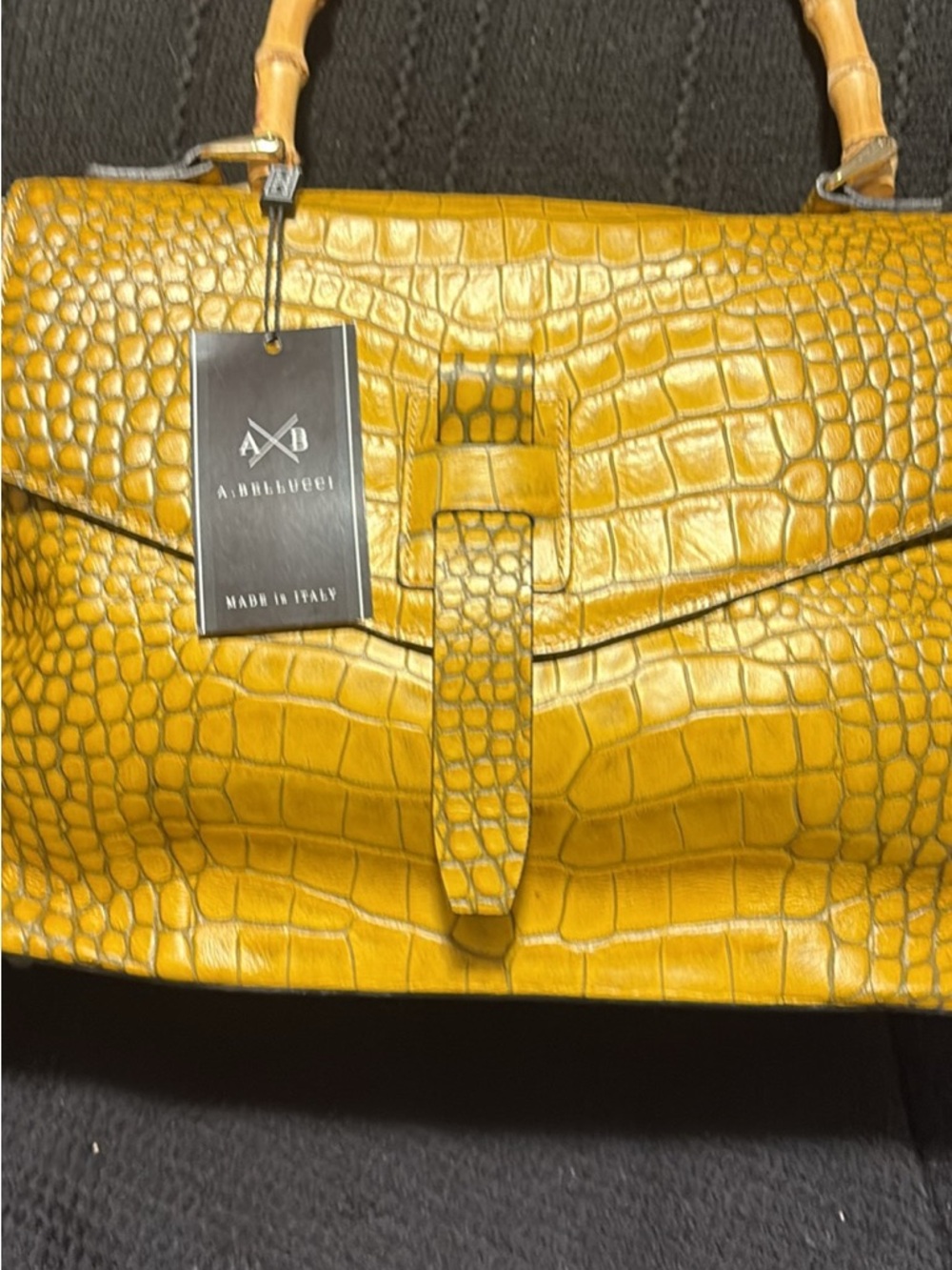 AB Biaggi Mustard Croc-Embossed Top-Handle Satchel